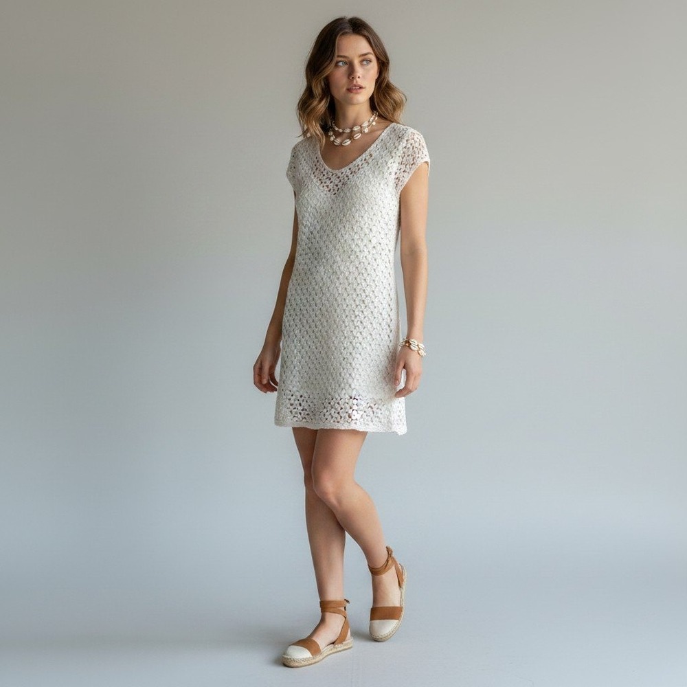 Free People Ivory Crochet Mini Dress Cap Sleeve Scoop Neck Boho Cream Size M